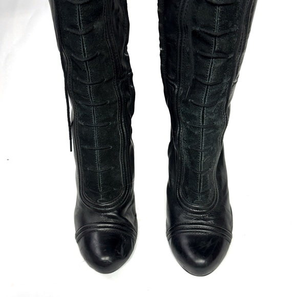 Women’s Max Studio Black Leather Suede Knee High String-Up Boot Heeled Size 11 - Picture 5 of 7